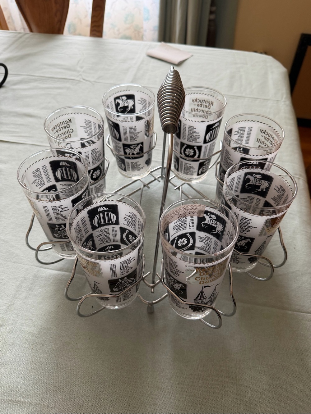 Kentucky Derby Churchill Downs mint julep Glasses, Set Of 8 With Holding Rack